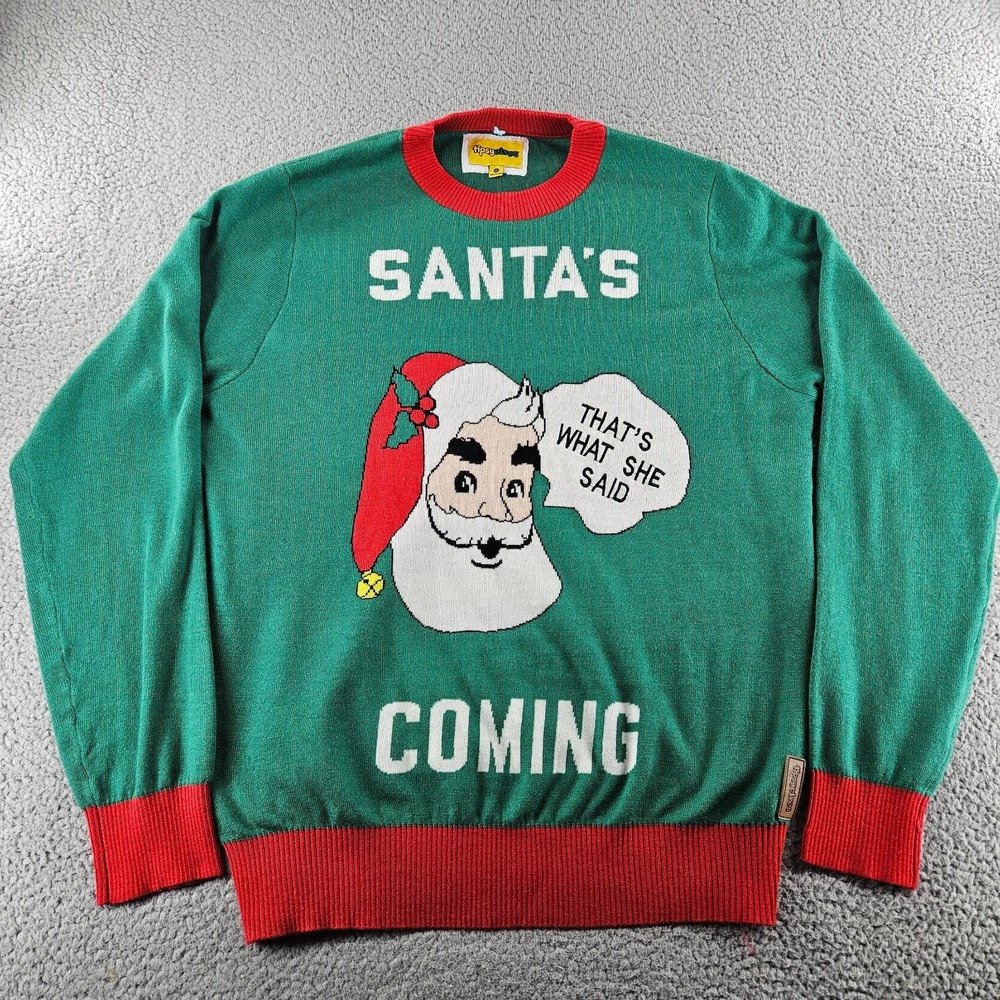 Tipsy Elves Ugly Christmas‎ Sweater XL Green Santa Coming Naughty Holiday Knit
